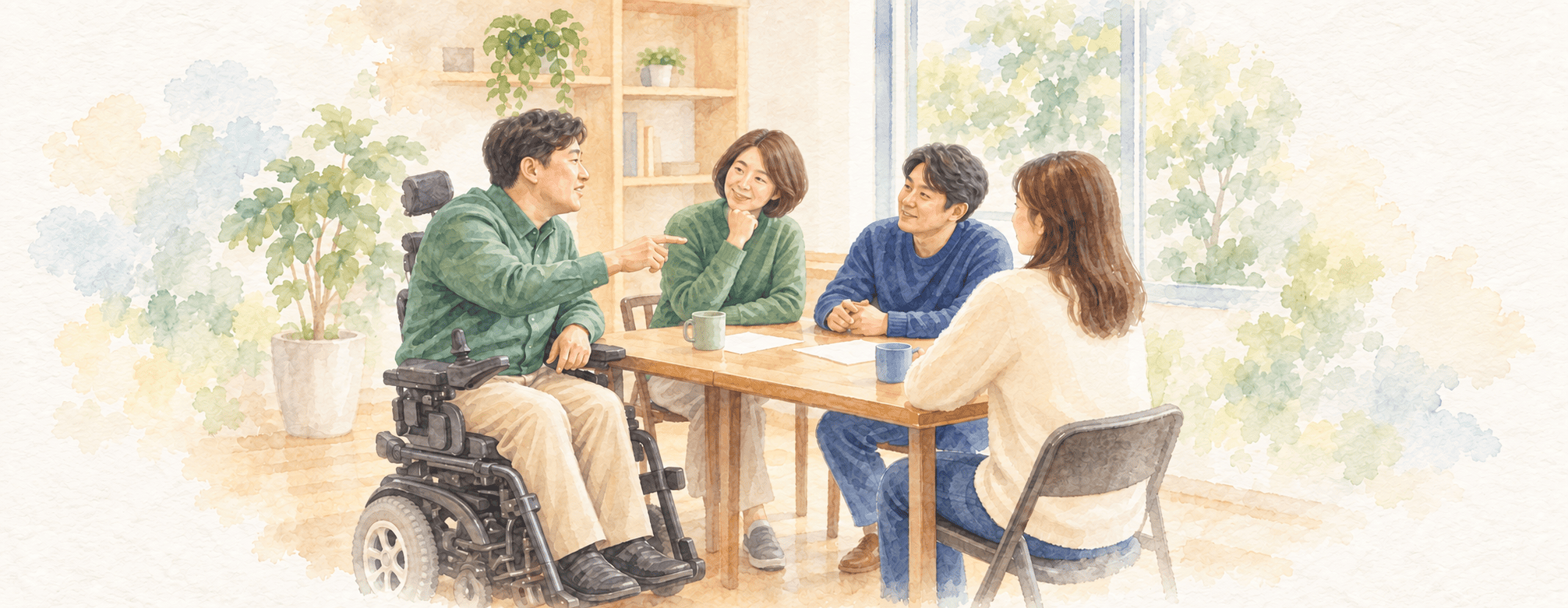 휠체어 이용자와 이웃들이 함께 이야기를 나누는 모습