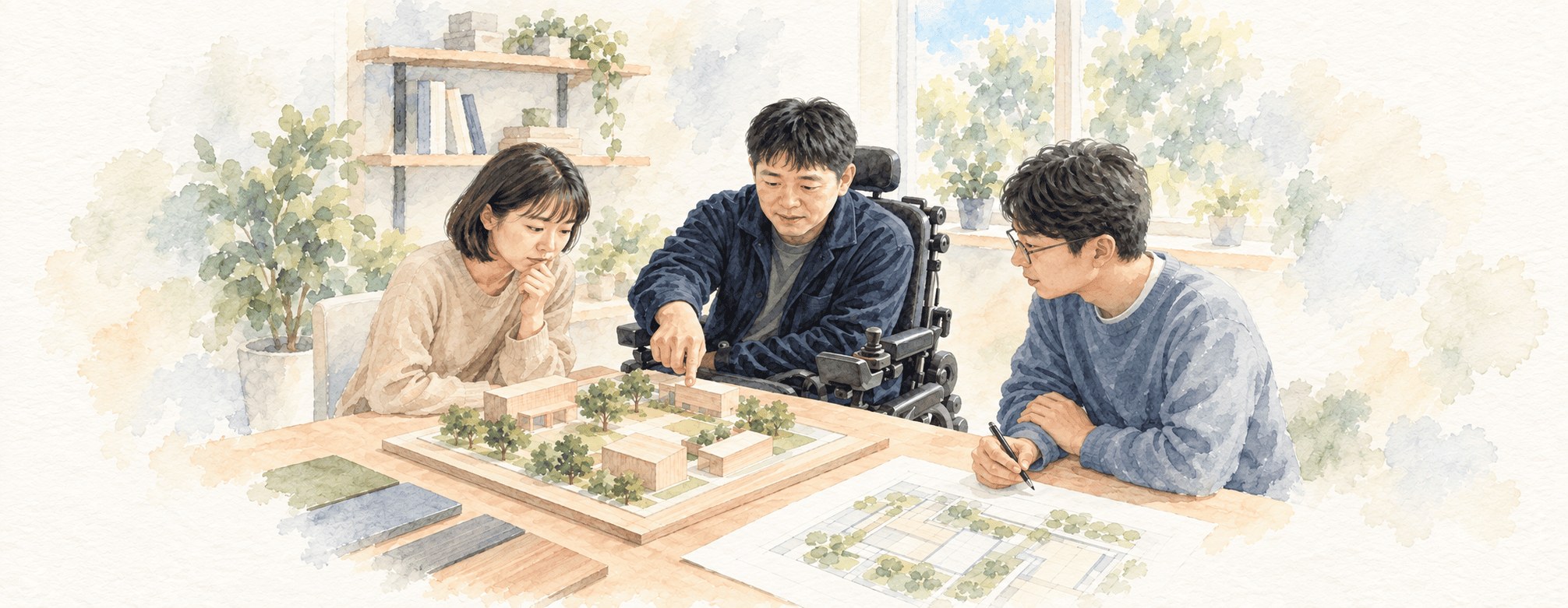 휠체어 이용자와 동료들이 공동체 주거 모형을 함께 살펴보는 모습
