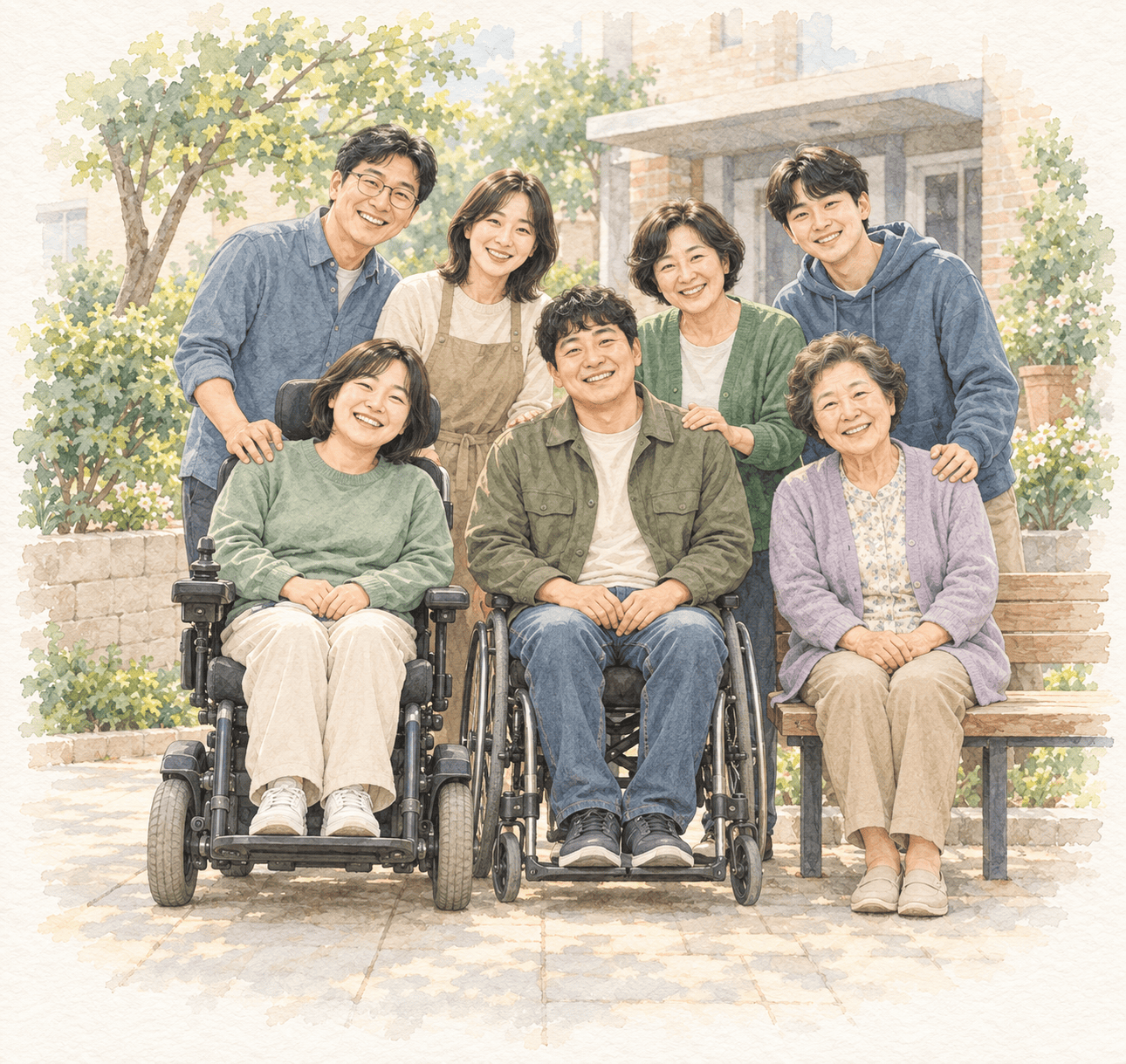 휠체어를 이용하는 가족과 이웃들이 함께 모여 웃고 있는 단체 사진
