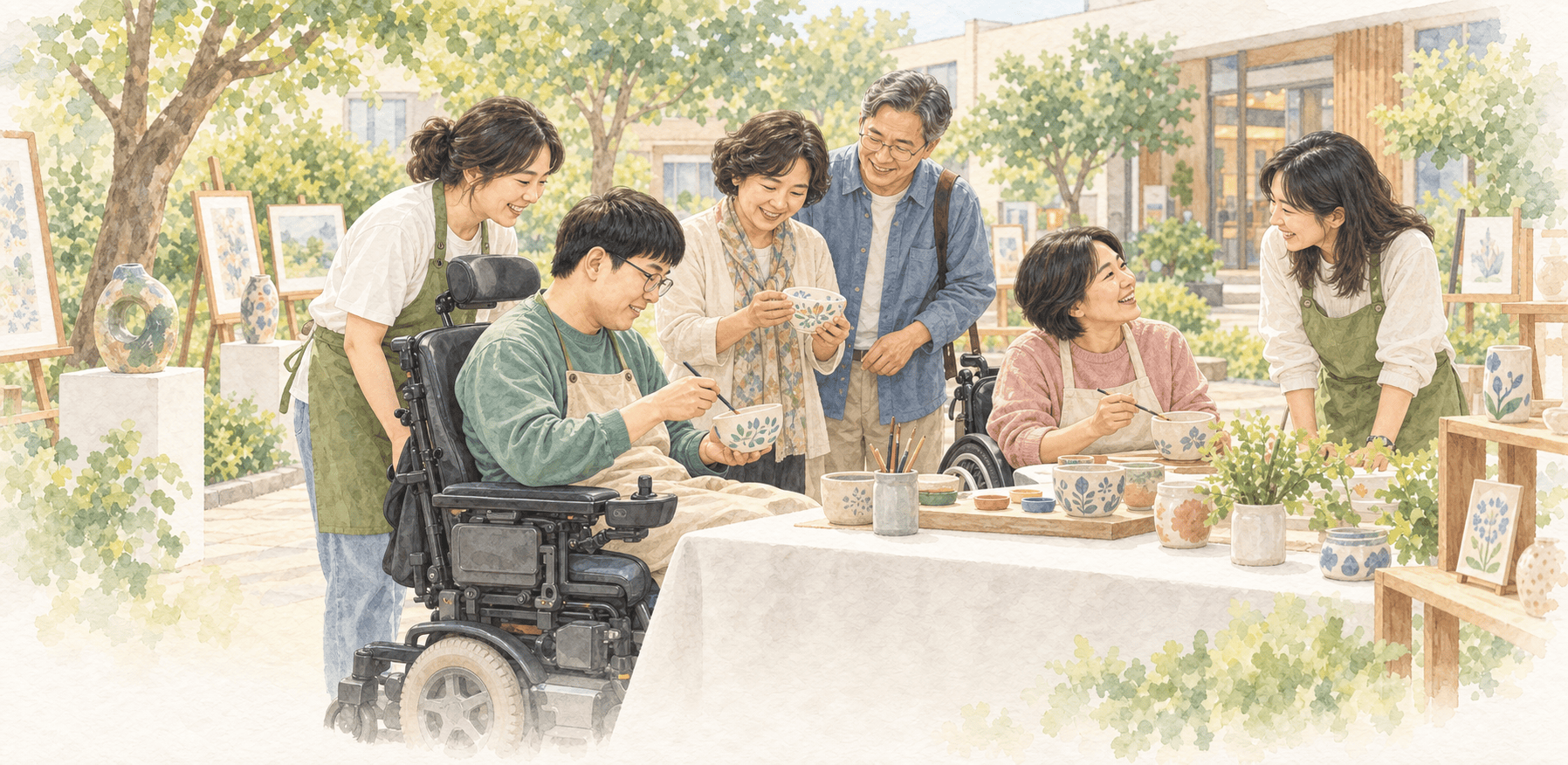 휠체어 이용자와 이웃들이 함께 도자기 그림 그리기 체험을 하는 모습